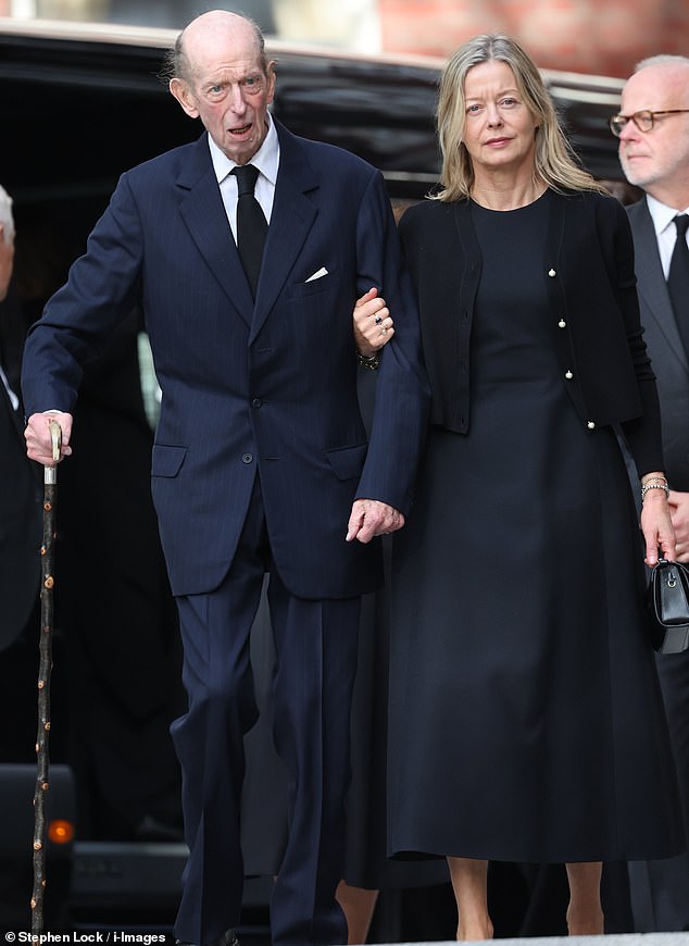 Duchess of Kent’s daughter Lady Helen Taylor walks arm-in-arm with her father as they attend her late mother’s vigil