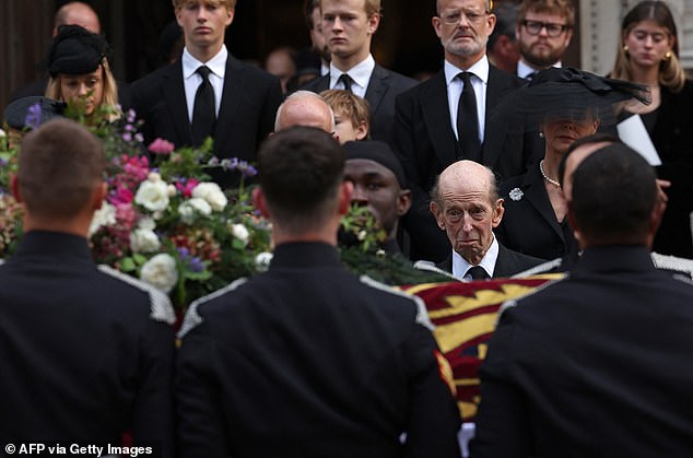 Grief-stricken Duke of Kent shows his emotions as he bids his wife of 64 years farewell – while the King, Kate, William and Andrew join Royal mourners