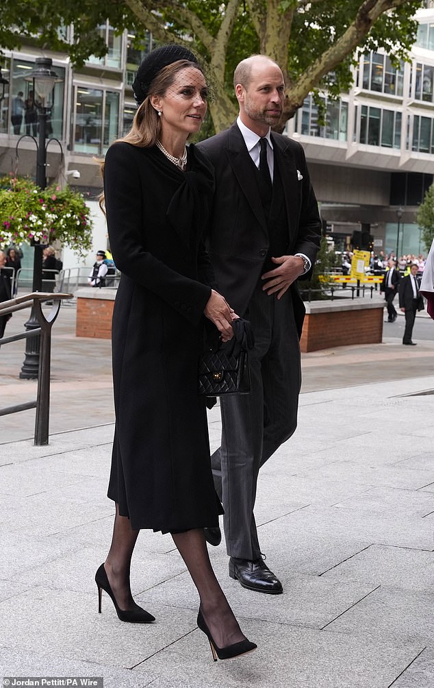 Kate pays her respects: Princess of Wales puts on sombre display as she attends Duchess of Kent’s funeral alongside Prince William