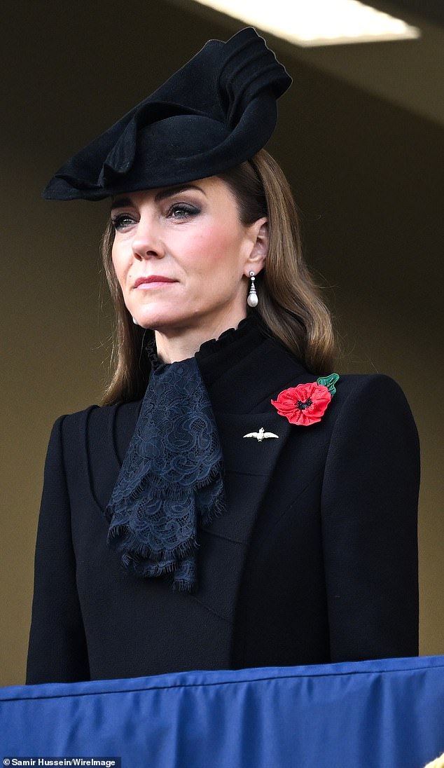 Kate Middleton appears solemn in all-black ensemble as she joins the Royal Family for Remembrance Sunday at the Cenotaph