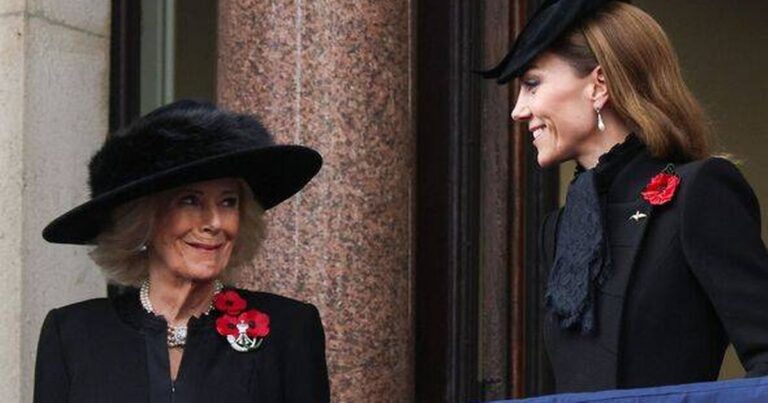 Kate Middleton’s four-word remark to Queen Camilla as she struggles to hide emotions