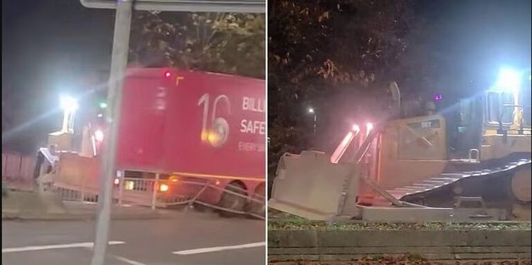 The moment a ‘stolen’ 24-ton bulldozer crashes into a mail truck in Britain as shocked passersby watch the event