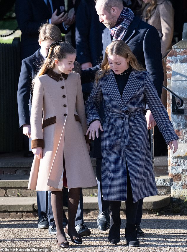 Princess Charlotte’s sweet bond with Mia Tindall, 11, was on full display at Sandringham – as cousins were spotted excitedly comparing their Christmas outfits