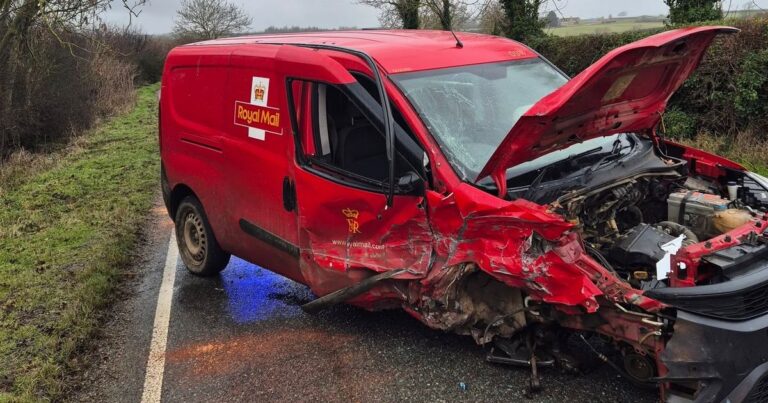 Royal Mail van wrecked in head-on crash but both occupants avoid serious injury