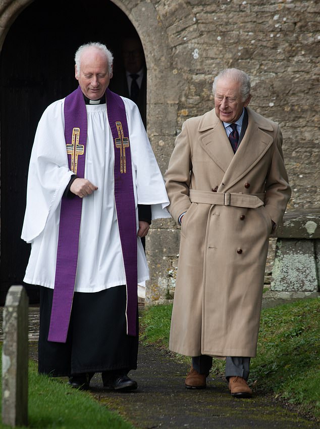 King Charles tries to put on a brave face as he is pictured leaving church today amid Andrew scandal