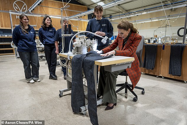 Princess of Wales beams as she helps create special pair of trousers for William during visit to traditional textile firms – all while sporting vintage Welsh wool coat